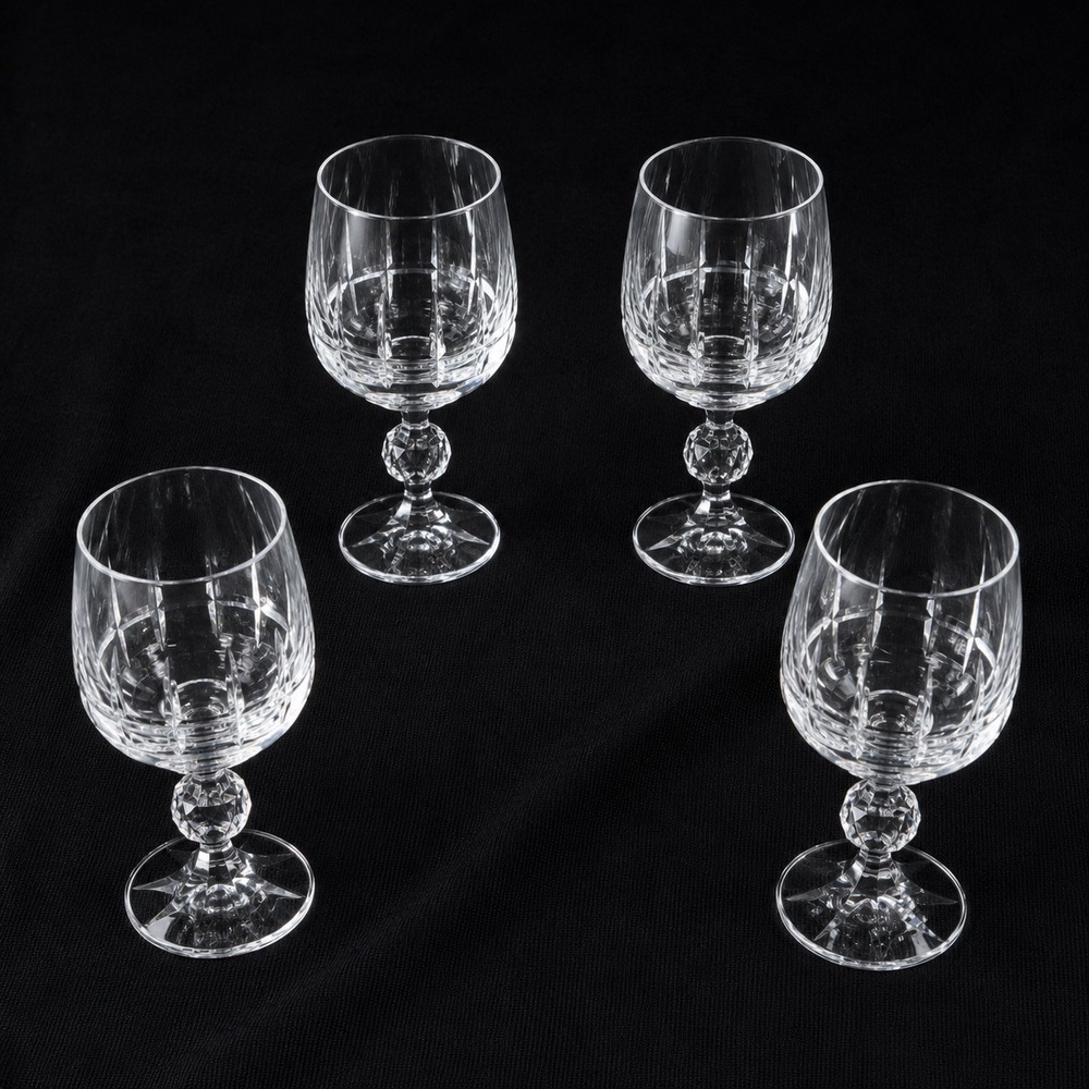 Bohemian Czech Lead Cut Crystal Wine Goblet Faceted Ball Stem Set of 4  5.25"